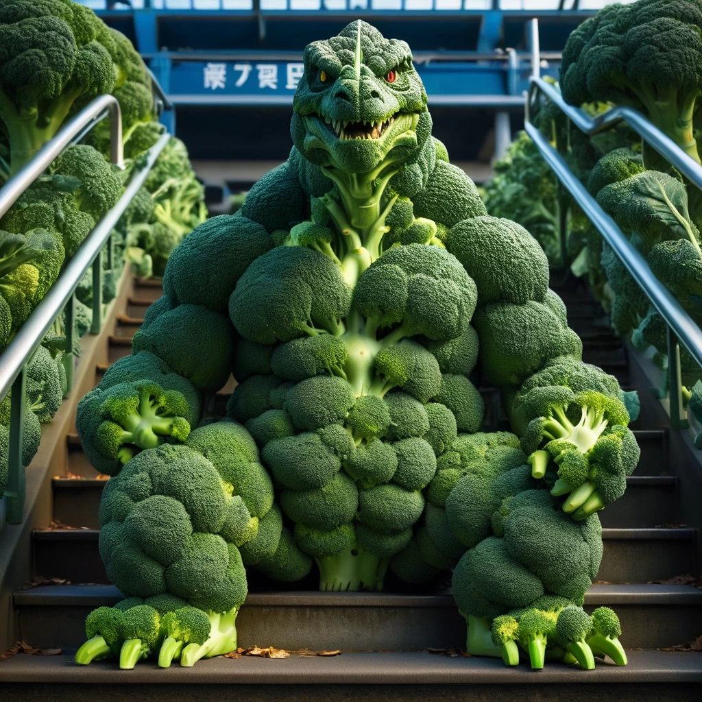 masterpiece, best quality,godzilla made out of broccoli<lora:brccl:0.75> on stair of japanese train station, (high detailed skin:), 8k uhd, dslr, soft lighting, high quality, film grain, Fujifilm XT3