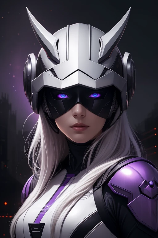 beautiful detailed portrait, beautiful woman, long lush white hair, sci-fi warrior, high-tech purple outfit, (sci-fi helmet, eyes covered up:1.2), sharp angles, metal horns, menacing, glowing purple lights, technomage, powerful magic, best quality, extemely detailed