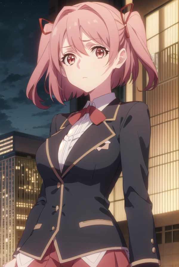 hikayuhoshikawa, <lora:hikayu hoshikawa s1-lora-nochekaiser:1>, 
hikayu hoshikawa, short hair, twintails, ribbon, hair ribbon, pink hair, (pink eyes:1.3), two side up,
BREAK skirt, thighhighs, school uniform, jacket, zettai ryouiki, blazer, green blazer, red skirt,
BREAK outdoor, city, night, sky, buildings, moon, clouds,
BREAK looking at viewer, (cowboy shot:1.5),
BREAK <lyco:GoodHands-beta2:1>, (masterpiece:1.2), best quality, high resolution, unity 8k wallpaper, (illustration:0.8), (beautiful detailed eyes:1.6), extremely detailed face, perfect lighting, extremely detailed CG, (perfect hands, perfect anatomy),