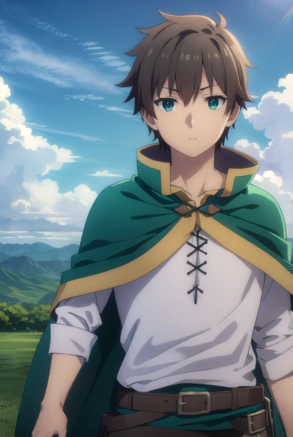 kazumasatou, <lora:kazuma satou movie-lora-nochekaiser:1>,
kazuma satou, short hair, brown hair, (green eyes:1.3), male focus,
BREAK shirt, long sleeves, white shirt, belt, pants, capelet, brown belt,
BREAK outdoor, forest, nature, trees, village, sky, sun, clouds,
BREAK looking at viewer, (cowboy shot:1.5),
BREAK <lyco:GoodHands-beta2:1>, (masterpiece:1.2), best quality, high resolution, unity 8k wallpaper, (illustration:0.8), (beautiful detailed eyes:1.6), extremely detailed face, perfect lighting, extremely detailed CG, (perfect hands, perfect anatomy),