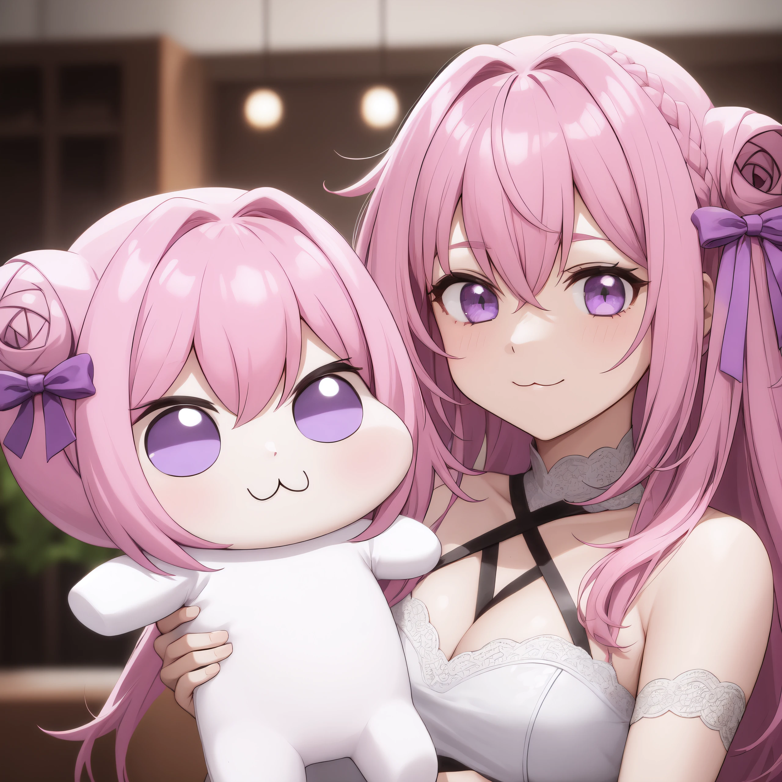 <lora:DoroX_V1:0.8> masterpiece, best quality, doro, creature, chibi, ;3, pink hair, purple eyes, hair bun, hair bow, holding creature, multiple girls