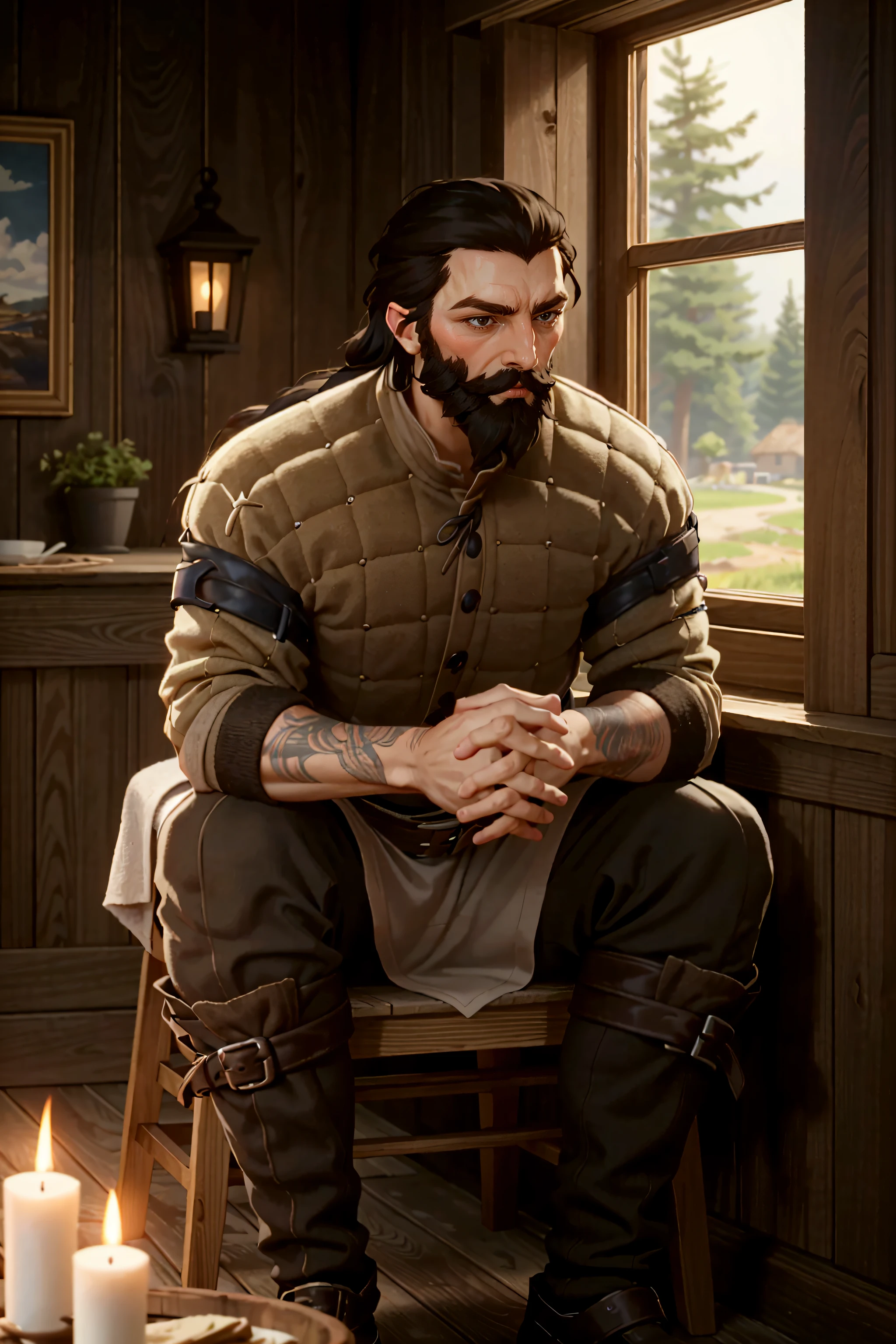 ((ultra detailed, masterpiece, absurdres))
<lora:DAIBlackwall:0.9>
DAIBlackwall, 1boy, solo, black hair, beard, Medieval coastal village during a vibrant sunrise, thatched-roof cottages, dynamic lighting, fishermen preparing boats for the day's catch