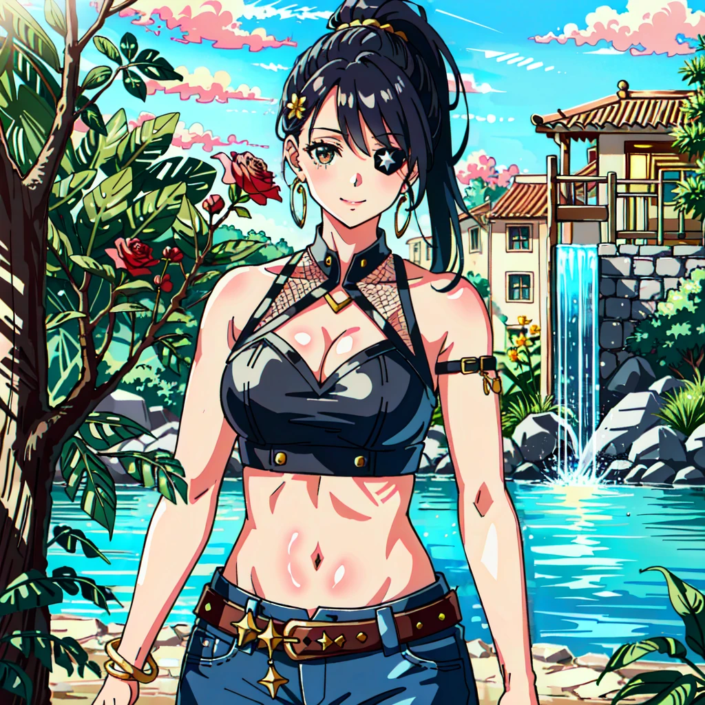 (3d, realistic, 1girl, ponytail, long hair, woman, one eye covered, eyepatch, gradient hair, navel, midriff, abs, finger to cheeks, smile, medium_breasts, cleavage_cutout, clothing_cutout, crop_top, flower, hair_ornament, waterfall, architecture, medieval, long_hair, pants, plant, potted_plant, red_flower, rose, sidelocks, solo, standing, stomach, tree, looking at viewer, watson cross, boots, bloom, glow, bokeh, sparkle, magic, jewelry, ornaments, fantasy, best quality, masterpiece, highres, extremely detailed CG, extremely detailed 8K wallpaper, solo, sharp focus, dramatic angle, cinematic lighting, (extremely delicate and beautiful:1.2):1.1)