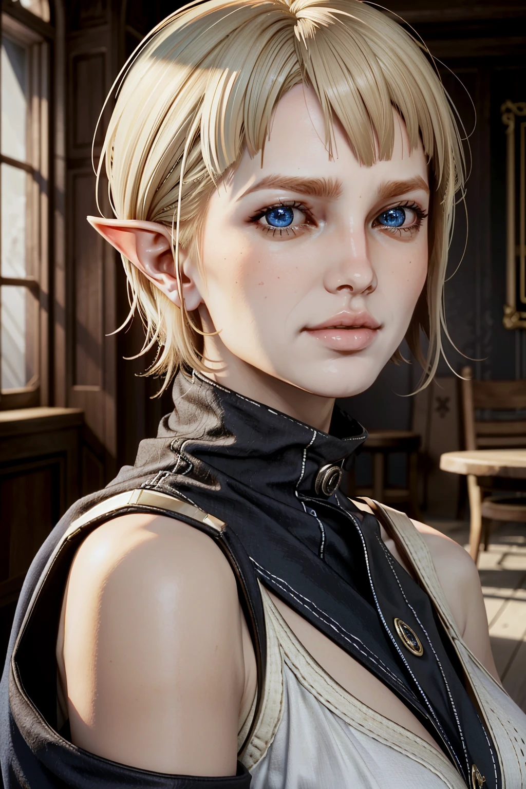 ((ultra detailed, masterpiece, absurdres))
<lora:DAISera:0.9>
DAISera, 1girl, solo, blonde hair, short hair, pointy ears, blue eyes, portrait