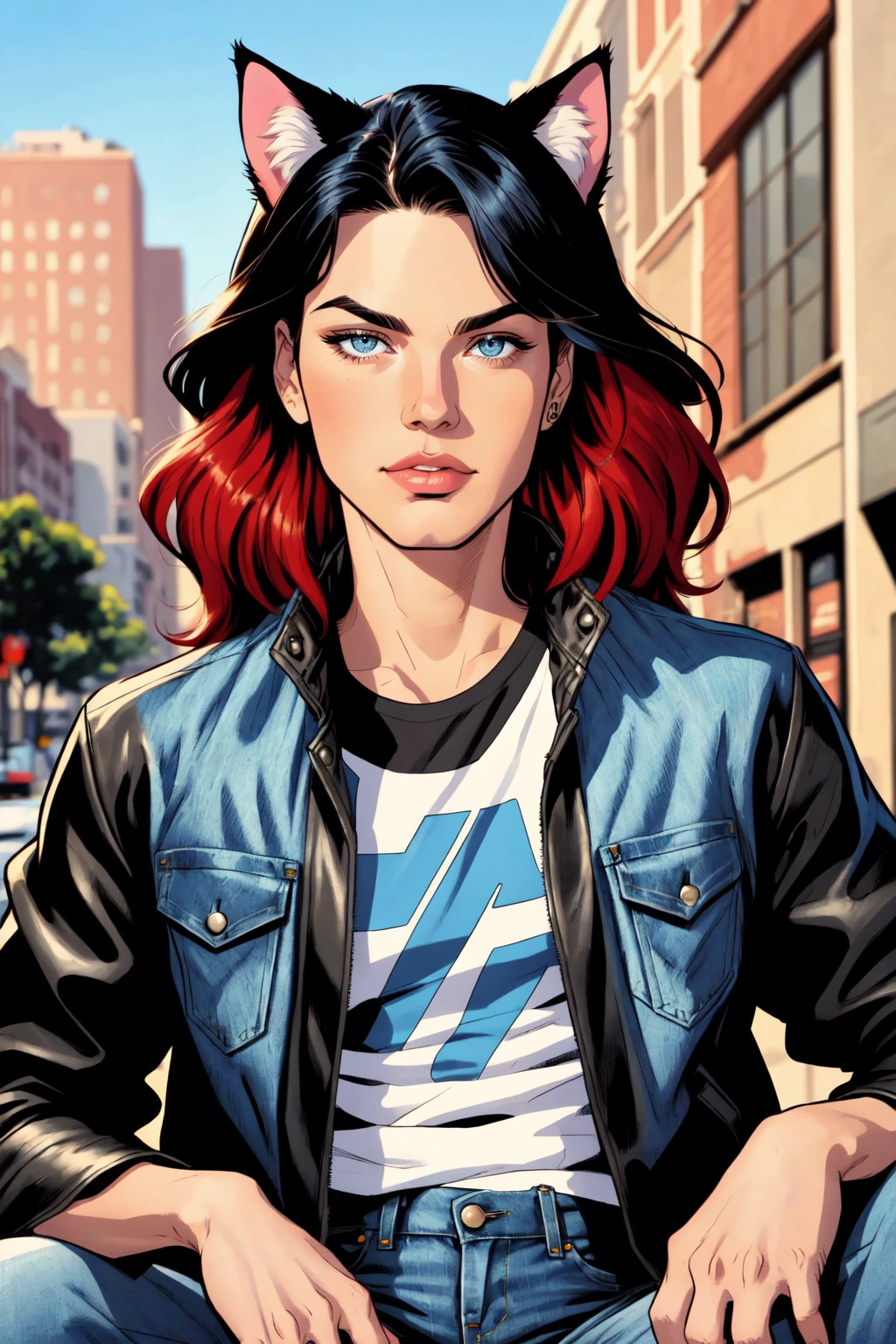 1boy, male focus, solo, looking at viewer, , blue eyes, black hair, animal ears, sitting, jacket, red hair, outdoors, day, pants, cat ears, blurry, black jacket, torn clothes, blurry background, denim, jeans, leather, torn pants, leather jacket, torn jeans, denim jacket, upper body, specular highlights, detailed face, detailed eyes, detailed hair, textured hair, rim lighting, extreme light and shadow, masterpiece, official art, portrait,, extremely detailed, by Jack Kirby, Adam Hughes and Terry Dodson, ink hatching, art by jim lee and joemad, detailed background, inked lines, ultra sharp, extremely detailed, detailed eyes, detailed face, looking at viewer
