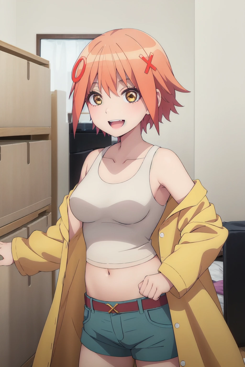 <lora:PonIzumi:1>,ponizumi,shorts,tank top,navel,midriff,coat,off shoulder,looking_at_viewer,:d,portrait,