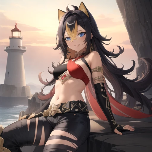 ((masterpiece)),(best quality),official art,extremely detailed CG,unity 8k wallpaper,ultra detailed,A lighthouse on a cliff by the sea,1girl,solo,upper body,looking at viewer,very_long_hair,asymmetrical_clothes,navel,criss-cross_halter,halterneck,crossed_bangs,stomach,blue_eyes,smile,bangs,multicolored_hair,dark_skin,tan,black_hair,fingerless_gloves,streaked_hair,torn_pants,black_pants,midriff,boots,hair_between_eyes,asymmetrical_gloves,jewelry,single_pantsleg,blonde_hair,black_footwear,grin,medium_breasts,black_gloves,torn_clothes,animal_ears,high_heels,belt,single_fingerless_glove,bare_shoulders,armlet,<lora:Dehya(gen)>,