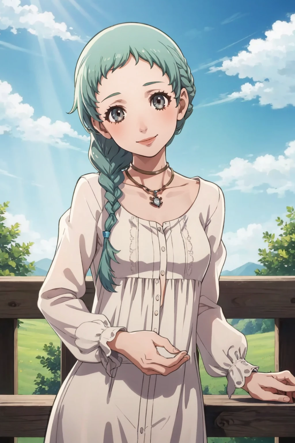 masterpiece, best quality, solo, 1girl, looking at viewer, smile, <lora:Fuuka_Fp:1>, fuukap4a, dress, necklace, braid, <lora:FE-ENGAGE S Rank_Fp:1>, sky, cloud, head tilt,