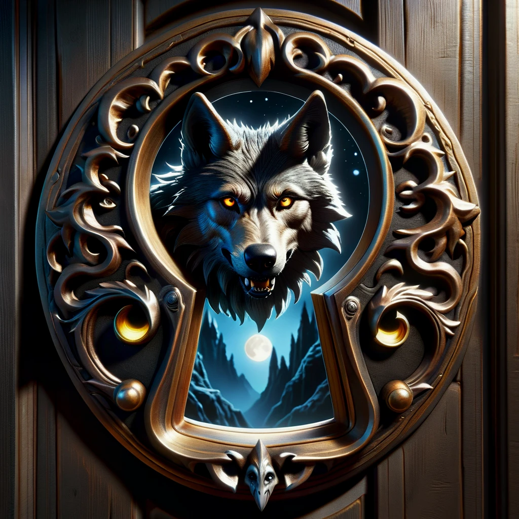 hyper detailed semi realistic 2.5D digital art masterpiece, dynamic, awesome quality,baal, lycanthropes, mythical creature, humanoid wolf-like form, full moon, hairy furry skin, fangs, wolf ears, wolf-like face, DonMK3yH0l3XL keyhole <lora:DonMK3yH0l3XL:1>