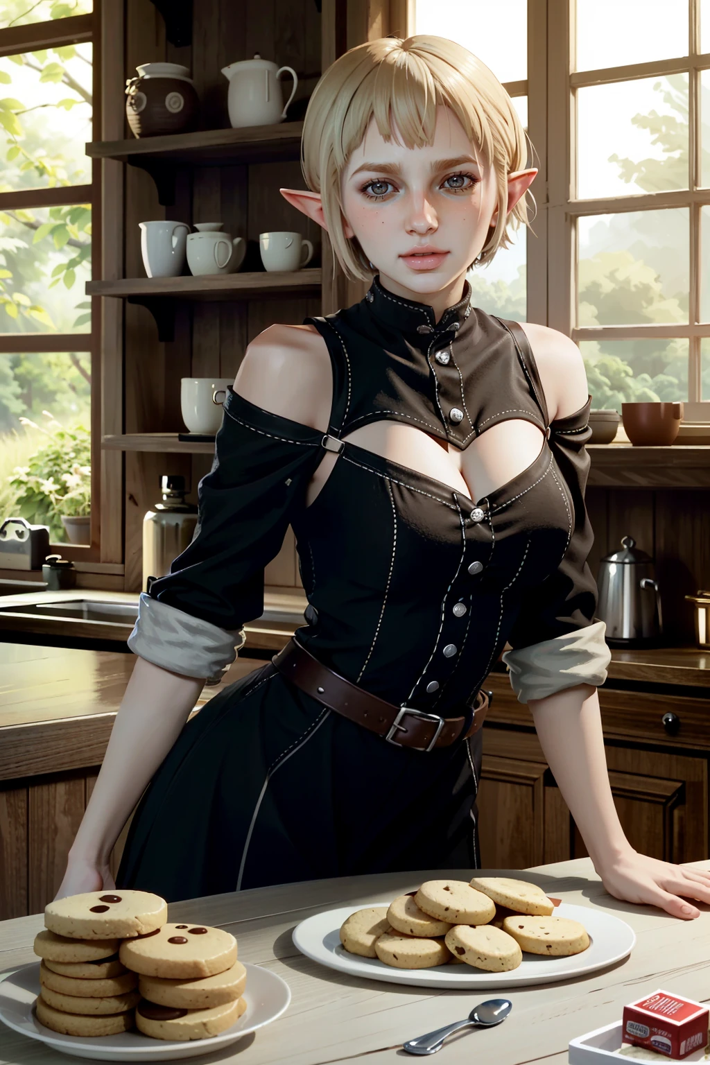 ((ultra detailed, masterpiece, absurdres))
<lora:DAISera:0.9>
DAISera, 1girl, solo, blonde hair, short hair, pointy ears, cookies, cookie jar, candy