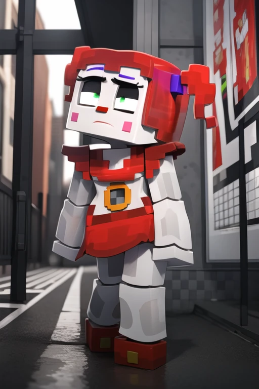 <lora:babymc-07:1> babymc, full body, dark background, city, alley way, rain, zoomed out shot, walking, sad, grey walls, masterpiece, best quality