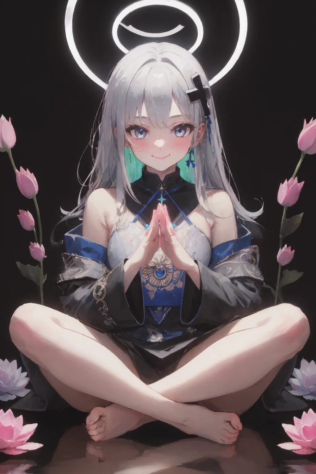 best quality, (vibrant colors:1.1), (silver:1.1), indian style, cross legged, mudra [meditation] BREAK 1girl, solo, folo focus, smile, blush, looking at viewer, silver hair ornament, (halo:1.2), lotus, lotus flower base, lotus pedestal, reflection