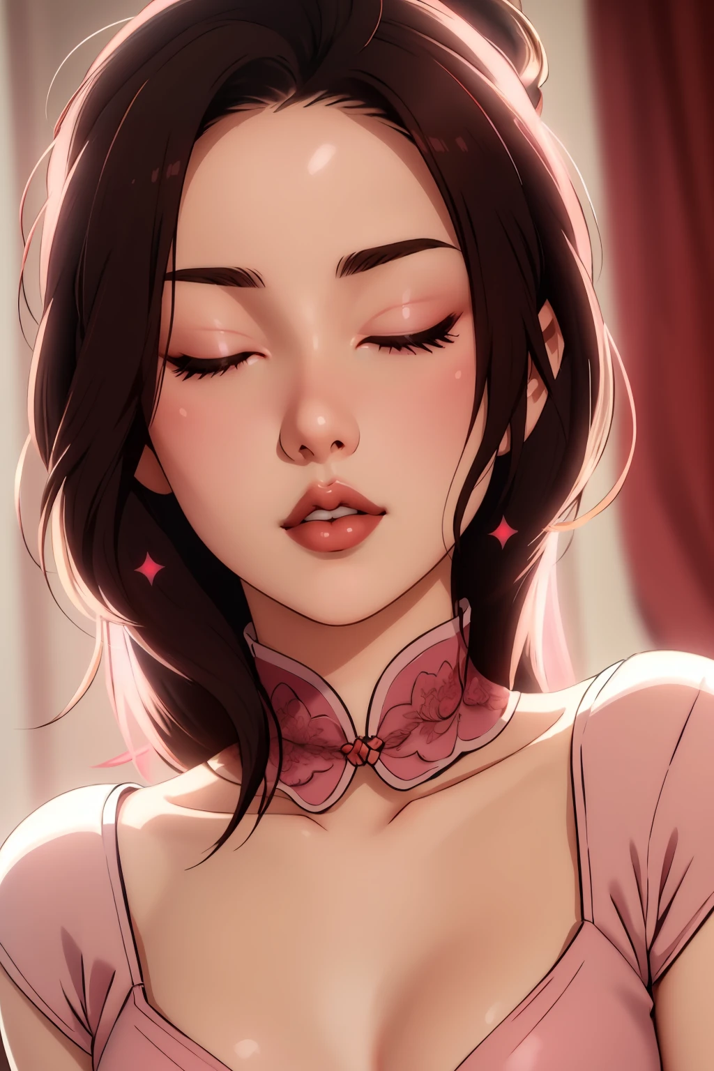 ultra detailed, sharp focus, best quality, masterpiece, <lora:NSChinaHetalia:1> NSChinaHetalia, brown hair, red china dress, (close-up:0.8), pink lips, lipstick puffy lips, heavy blush, eyes closed, best quality, dynamic lighting, masterpiece, intricate details,