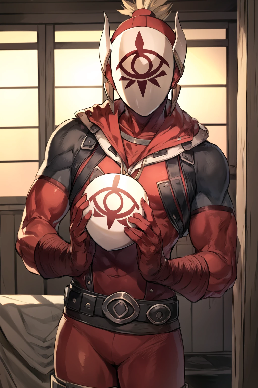 <lora:yigav6:0.7>, (highly detailed:1.2), 1boy, yiga clan, yiga clan footsoldier, yiga clan footsoldier handing white mask to viewer, holding, black hair, mask, ponytail, high ponytail, bodysuit, red bodysuit, belt, brown belt, bandaged arm, bandages, bandana, elbow gloves, eye print, gloves, horns, spiked hair, white mask, yellow horns, looking at viewer, cavern, muscular, toned, pov
