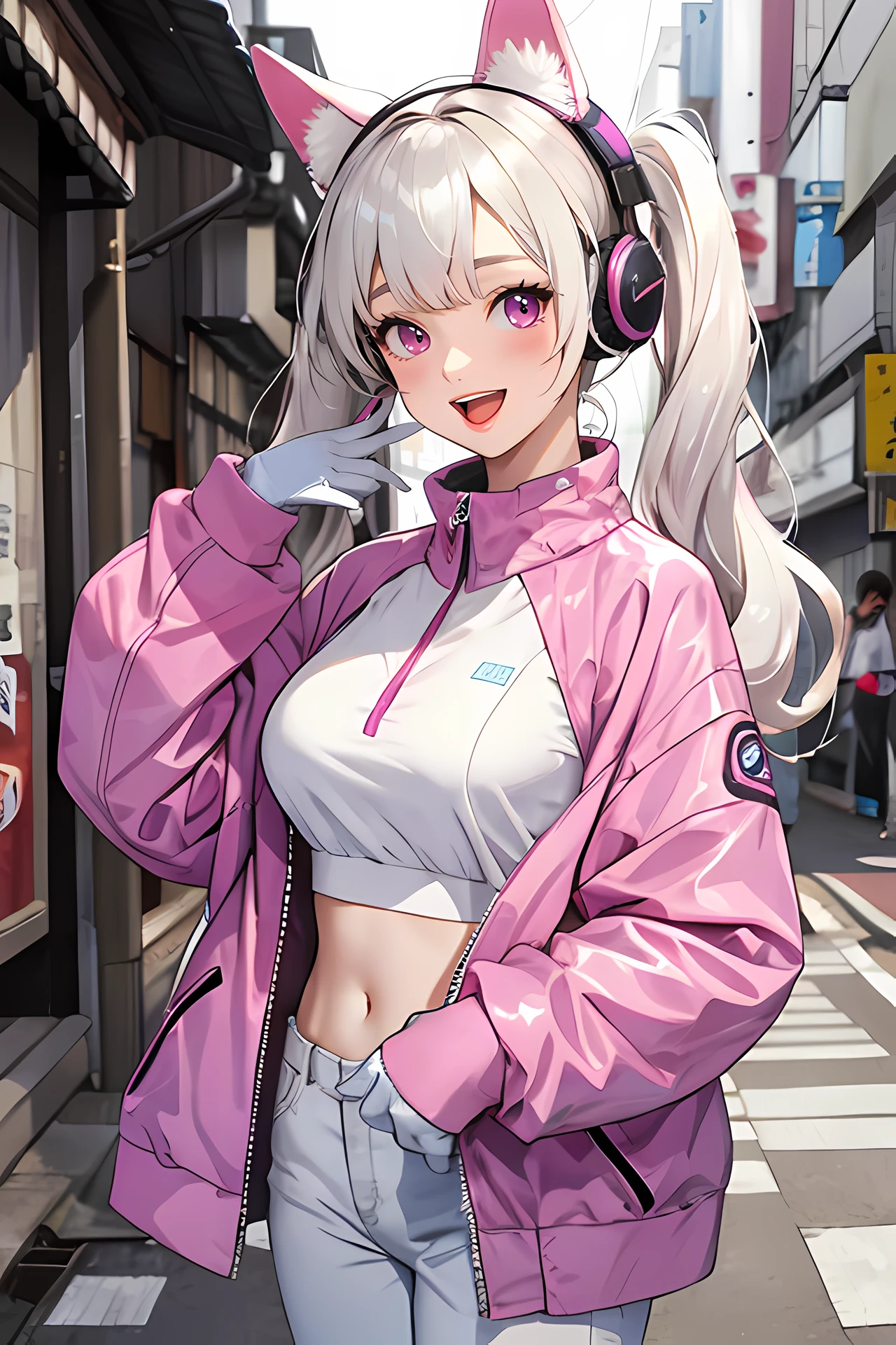(tokyo alley), solo, very long hair, white hair, open mouth, puffy sleeves,gloves, medium breasts, bangs, jacket, pink eyes, purple eyes, socks, white socks, smile, alice, <lora:NIKKE TetraLine alice v1 epoch-000004:1:NP> best quality, standing, shoes, blush, skin tight, long hair, breasts, puffy long sleeves, shiny, long sleeves, looking at viewer, , headset, 1girl, twintails,(tokyo alley), hand up, sneakers, , bodysuit,, covered navel, large breasts, pink bodysuit, (upper body:1.2), white footwear, clothes writing,(looking at viewer:1.2), , :d,, shiny clothes, ultra-detailed, , headphones, sleeves past wrists, animal ears,