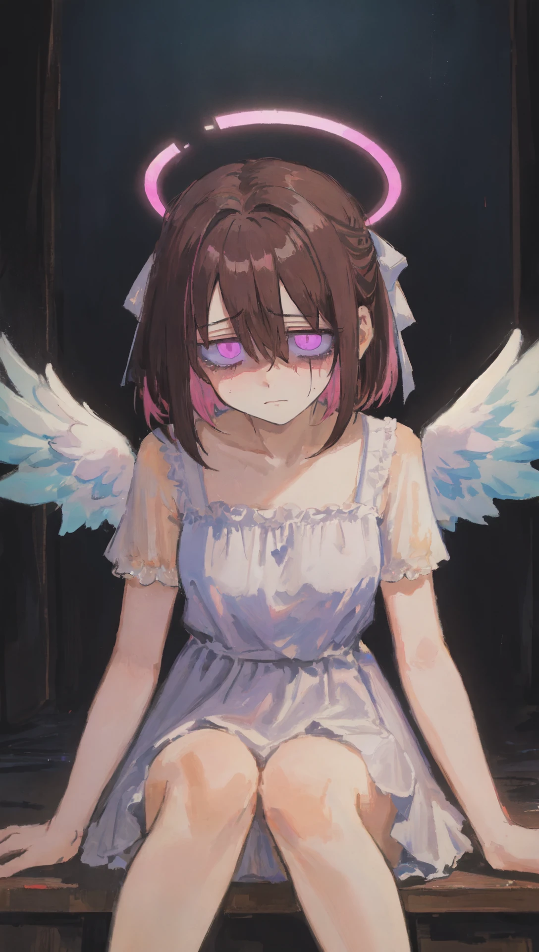 post-impressionist, high quality, colorful, masterpiece
azki, hololive, (dark brown hair), (pink colored inner hair), multicolored hair, hair ribbon, bob cut, pink hair bow, purple eyes, white sundress, halo, angel wings, gloom \(expression\), (bags under eyes:1.4), sitting, dark room, empty eyes
