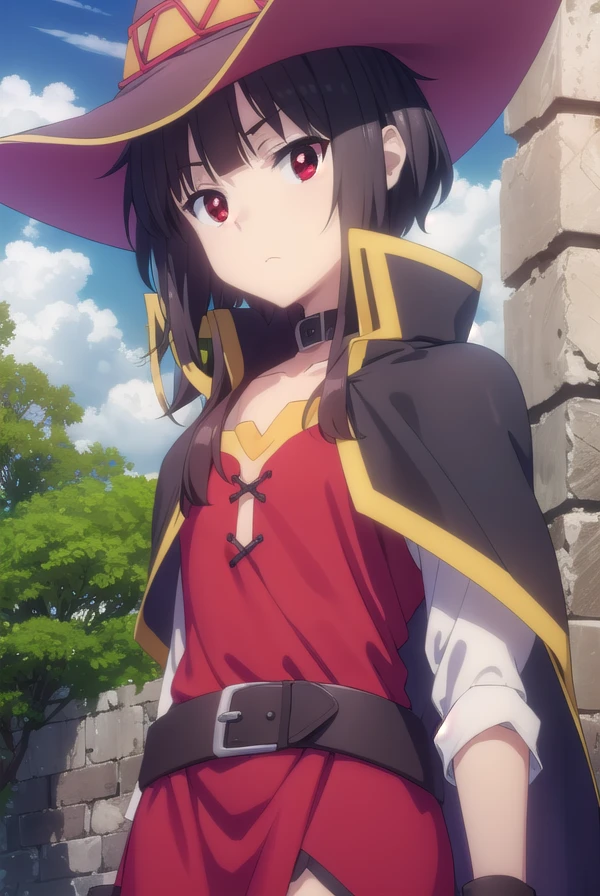 konosubamegumin, <lora:konosuba megumin movie-lora-nochekaiser:1>,
megumin, short hair, black hair, (red eyes:1.3), short hair with long locks,
BREAK thighhighs, gloves, hat, dress, black gloves, belt, black thighhighs, fingerless gloves, cape, collar, witch hat, bandages, red dress, single thighhigh, asymmetrical legwear, bandaged leg,
BREAK outdoor, forest, nature, trees, village, sky, sun, clouds,
BREAK looking at viewer, (cowboy shot:1.5),
BREAK <lyco:GoodHands-beta2:1>, (masterpiece:1.2), best quality, high resolution, unity 8k wallpaper, (illustration:0.8), (beautiful detailed eyes:1.6), extremely detailed face, perfect lighting, extremely detailed CG, (perfect hands, perfect anatomy),