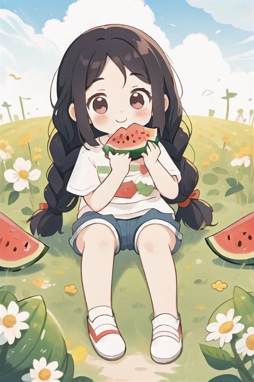 In the summer, in a watermelon field, a 5--old l is wearing a red and white striped T-shirt, denim shorts, long hair, two braids, slanted bangs, a round face, big eyes, pure and cute, smiling. Sitting by the field, she happily eats a red and red watermelon, with a cute white Samoye next to her. The sky is clear and sunny, with 8k resolution and high-definition image quality, and children's illustrations, masterpiece, best quality,