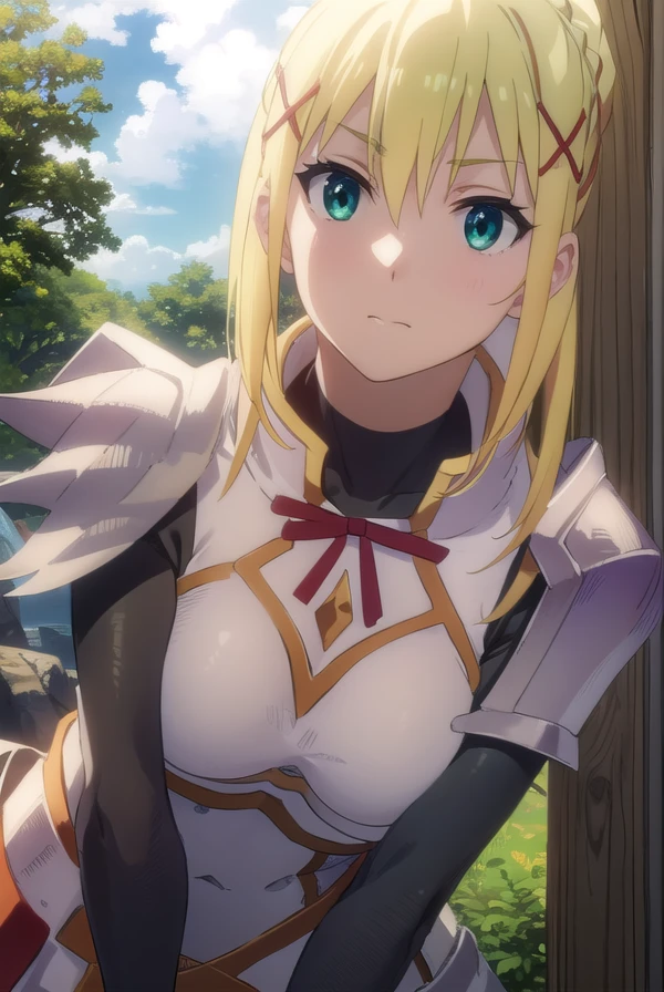 lalatinadustinessford, <lora:lalatina dustiness ford movie-lora-nochekaiser:1>, 
lalatina dustiness ford, darkness \(konosuba\), long hair, (green eyes:1.3), blonde hair, hair ornament, ponytail, braid, x hair ornament,
BREAK gloves, armor, bodysuit, shoulder armor, armored dress,
BREAK outdoor, forest, nature, trees, village, sky, sun, clouds,
BREAK looking at viewer, (cowboy shot:1.5),
BREAK <lyco:GoodHands-beta2:1>, (masterpiece:1.2), best quality, high resolution, unity 8k wallpaper, (illustration:0.8), (beautiful detailed eyes:1.6), extremely detailed face, perfect lighting, extremely detailed CG, (perfect hands, perfect anatomy),