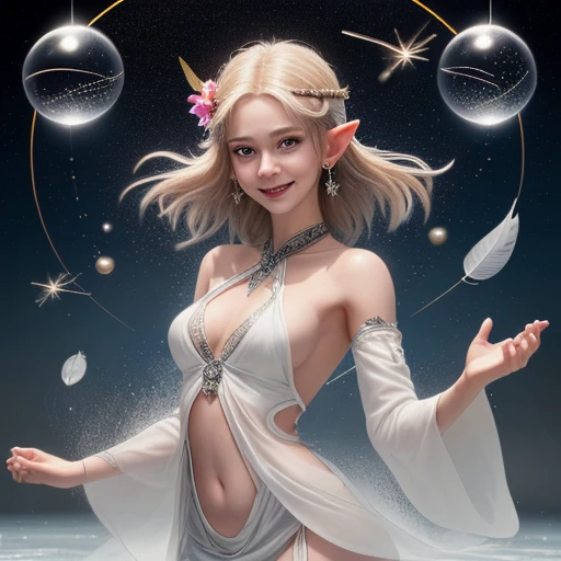 layers,(illustration),masterpiece,best quality,highly detailed,bestlight,shine,(ahoge),celestial,1girl,1elf,((solo)),hair ornament,navel cutout,small_breasts,cover chest,tattoo,open shirt,white long dress,hair flower,smile,gem_earrings,detached sleeves,silk,sideboob,onsen,long messy hair,patterned clothing,pinstripe pattern,public tattoo,ligh,slim,milf,bare shoulders,(delicate magic_circle background),((breaken splashing crystals floating)),ice,light particles,(crystalline splashes),((Circle of Stars)),soft focus,star_clouds,glowing planets around,star dust,(runes rings),fly rune of lun,roman numeral,satellite orbit around,(glassball),(hourglass),(water drop,flying feathers)<lora:é»çç稿:1>