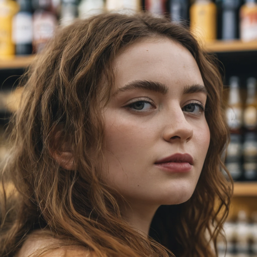 cinematic photo professional fashion close-up portrait photography of a beautiful ((sdsx:1.2) woman) at liquor store during Afternoon, Nikon Z9. 35mm photograph, film, bokeh, professional, 4k, highly detailed