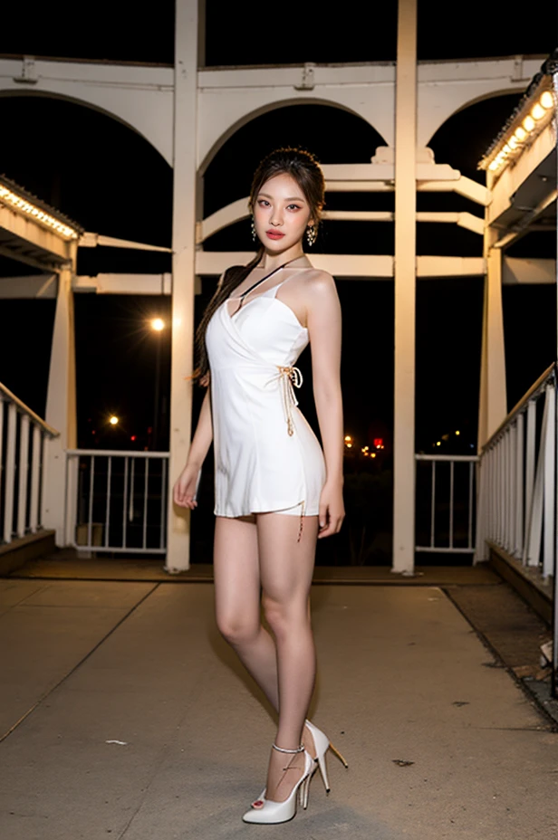 bokeh background, masterpiece, best quality, 1girl, solo, realistic, photorealistic, (extremely detailed face), looking at viewer, ultra-detailed eyes and pupils, ultra detailed, serious expression, standing against a city at night, crop top, shorts, navel, thighs, smile, (Wrap_dress:1.4),(Strappy_block_heels:1.3),(Tassel_earrings:1.2), <lora:ningninglorashy1_5:1>,