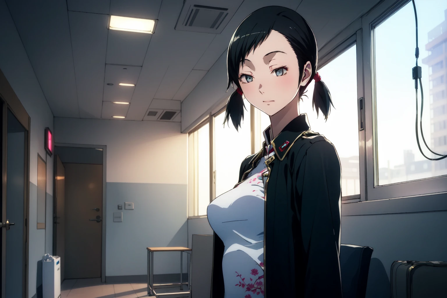 (RAW photo, best quality), 1girl, natural lighting, solo, modern hospital,
<lora:smt_devil_survivors_2_fumi_kanno_v1_2-000003:1>, fumi kanno, china dress, upper body, jacket on shoulders