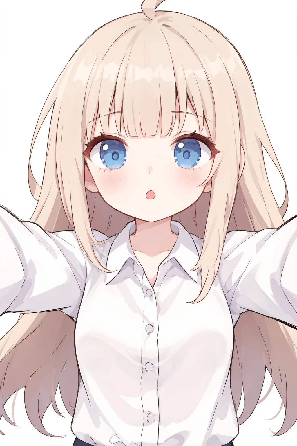1girl,solo,blue eyes,Beige hair,long hair,shirt,ahoge,white background,looking at viewer,simple background,white shirt,bangs,blush,collared shirt,:o,long sleeves,open mouth,outstretched arms,dress shirt,upper body,blunt bangs,lu-style,