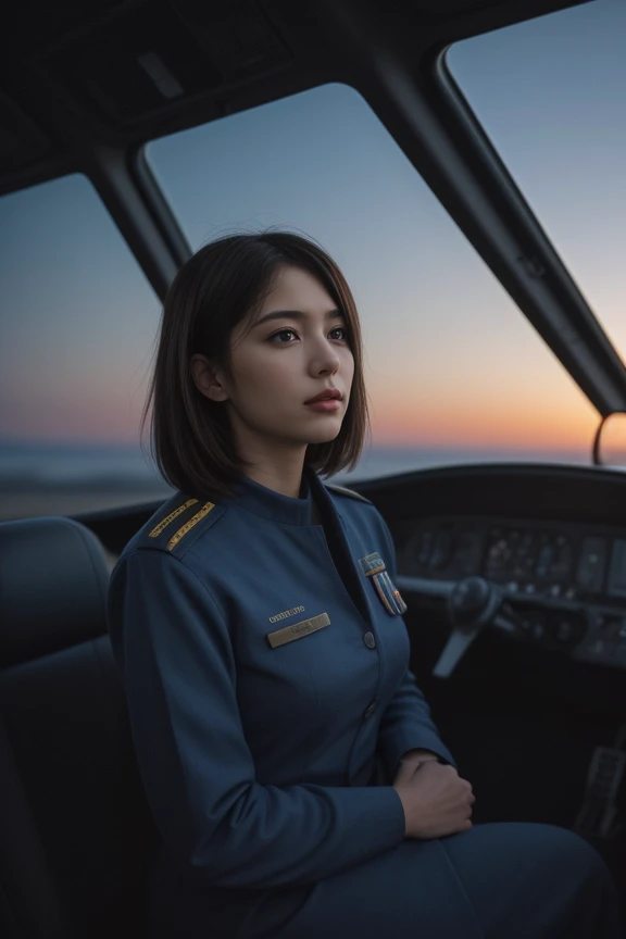 2. A female pilot (ethnicity: Caucasian, age: early 40s) in the cockpit of a commercial airliner (model: modern, advanced). She's dressed in a crisp, navy blue uniform (fabric: wool blend) with golden stripes and badges denoting her rank. Her hairstyle is a sleek, short bob, and her makeup is professional and understated. She's confidently navigating the controls (detail: high-tech), looking out of the cockpit window at a breathtaking sunrise, reflecting a sense of calm expertise.