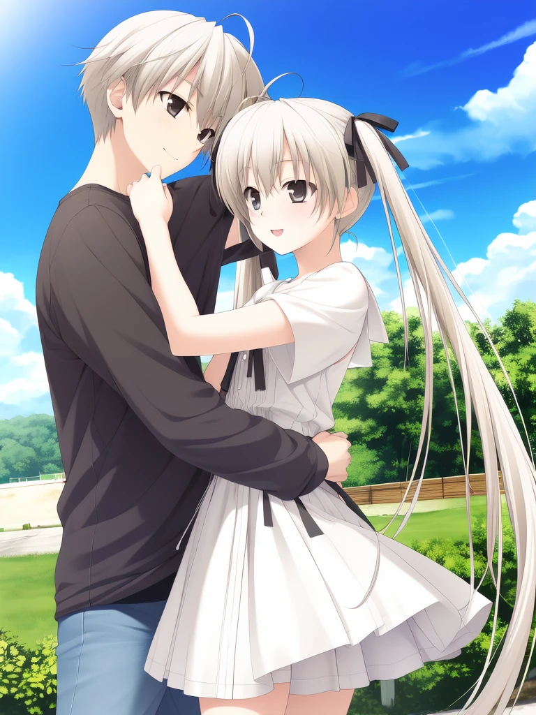 brother and sister, <lora:Kasugano_Sora:0.8> KasuganoSora, 1girl, soro, white hair, brown eyes, long hair, twintail, hair ribbon, white dress,
break, KasuganoHaruka, 1boy spro, white hair, brown eyes, short hair, ahoge, cowboy Shot, smile,
short pants,ãshort sleeves, black shirt, blue sky,
Draw a picture of a (adjective) woman being embraced by a (adjective) man."
masterpiece, high quality, very_high_resolution, large_filesize, full color,