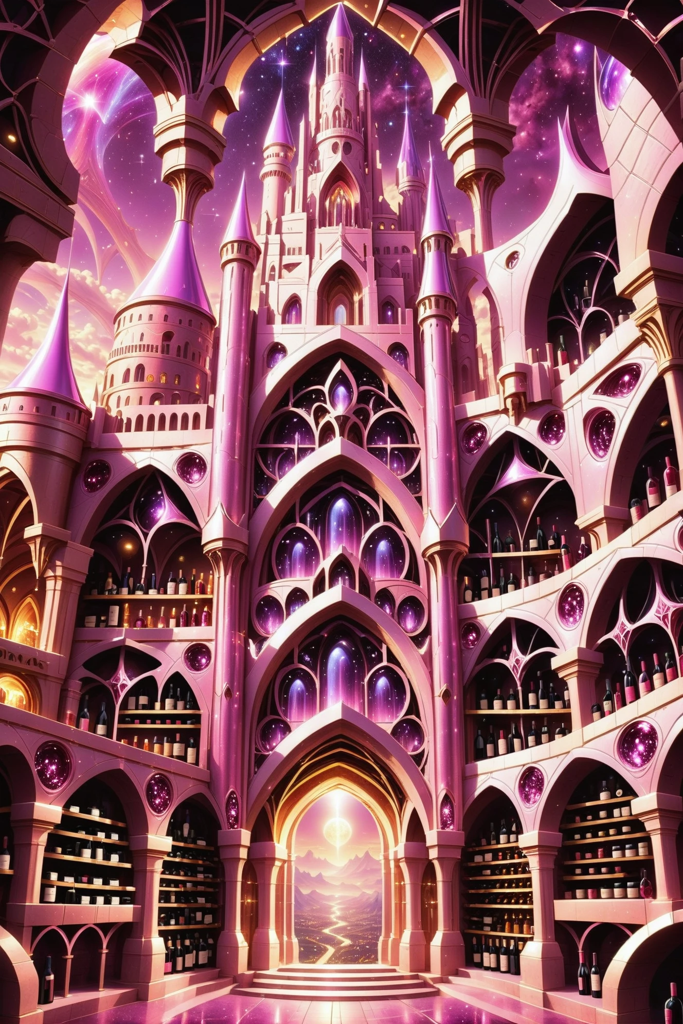 scifi, scifi, wine cellar in a great,Paradoxical sparkling light pink fantasy sky city edge of the universe, masterpiece<lora:EnvyBetterHiresFixXL01:0:hr=1> <lora:EnvyArabicArchitectureXL01:1>