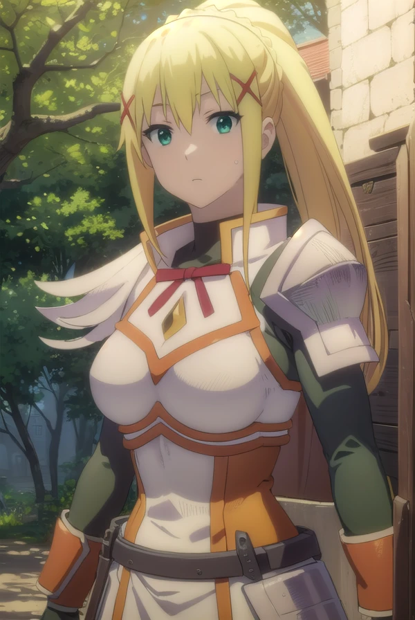 lalatinadustinessford, <lora:lalatina dustiness ford movie-lora-nochekaiser:1>,
lalatina dustiness ford, darkness \(konosuba\), long hair, (green eyes:1.3), blonde hair, hair ornament, ponytail, braid, x hair ornament,
BREAK gloves, armor, bodysuit, shoulder armor, armored dress,
BREAK outdoor, forest, nature, trees, village, sky, sun, clouds,
BREAK looking at viewer, (cowboy shot:1.5),
BREAK <lyco:GoodHands-beta2:1>, (masterpiece:1.2), best quality, high resolution, unity 8k wallpaper, (illustration:0.8), (beautiful detailed eyes:1.6), extremely detailed face, perfect lighting, extremely detailed CG, (perfect hands, perfect anatomy),