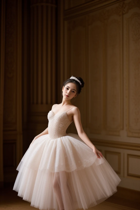 9. A young ballet dancer (ethnicity: Middle-Eastern, age: early 20s) in a grand, classical theatre (setting: opulent, historic). She's dressed in an exquisite, hand-sewn tutu (fabric: delicate tulle) with intricate beadwork. Her hair is styled in an elegant bun, adorned with white flowers, and her makeup is refined and graceful. She's performing a captivating pirouette (pose: graceful, poised), with the spotlight highlighting her, against a backdrop of velvet curtains and a mesmerized audience.