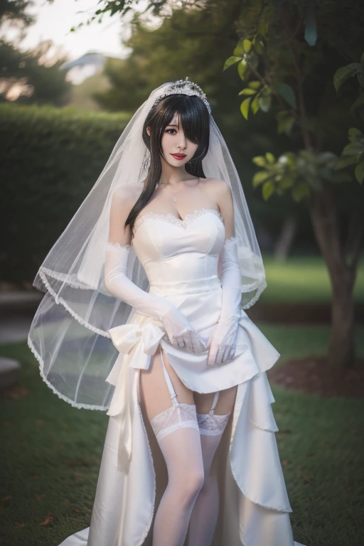 ltra-detailed,highly detailed,best quality,masterpiece,illustration,realistic,photorealistic,
tokisaki kurumi,huajia, 1girl, solo, cleavage, long legs,
wedding dress, bridal veil, tiara, bare shoulders, strapless dress, gloves, garter straps, lace-trimmed legwear,
bangs, hair over one eye, sidelocks, long hair,
looking at viewer, cowboy shot,
outdoors, nature, grass, flower, floating hair, wind,
<lora:tokisaki kurumi huajia_v8_06:0.8>