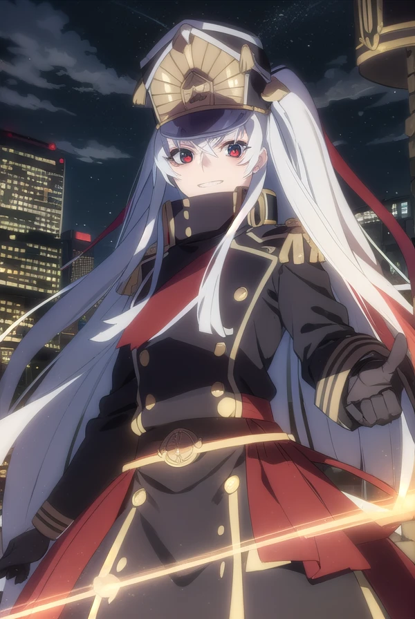 recreatorsaltair, <lora:recreators altair s1-lora-nochekaiser:1>,
altair, long hair, (red eyes:1.3), very long hair, white hair, smile, grin,
BREAK gloves, hat, uniform, military, military uniform, shako cap,
BREAK outdoor, city, night, sky, buildings, moon, clouds,
BREAK looking at viewer, (cowboy shot:1.5),
BREAK <lyco:GoodHands-beta2:1>, (masterpiece:1.2), best quality, high resolution, unity 8k wallpaper, (illustration:0.8), (beautiful detailed eyes:1.6), extremely detailed face, perfect lighting, extremely detailed CG, (perfect hands, perfect anatomy),