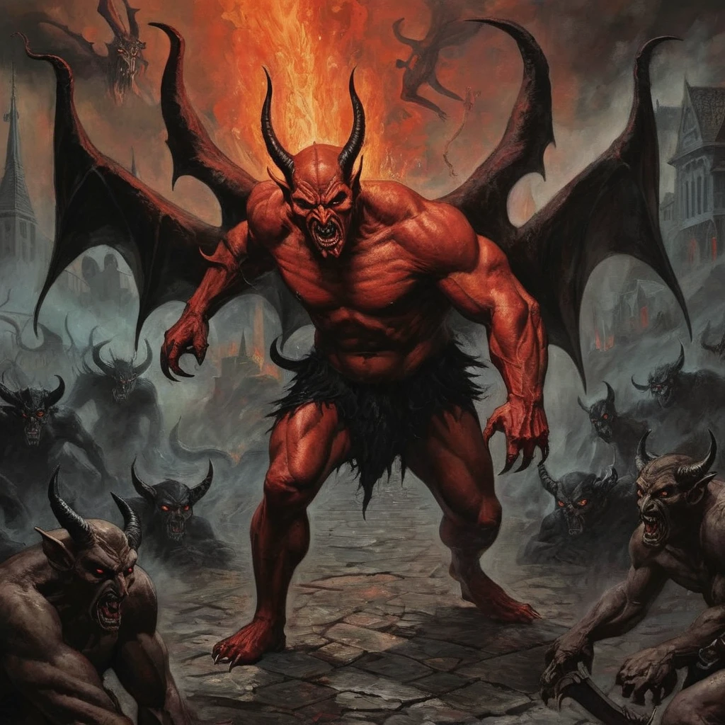 Dark Fantasy Art of <lora:Dark Art Painting Style:1>
a painting of a giant devil naked man with a demon on his back and demons on ground staring to the camera dark art painting style, dark, moody, dark fantasy style