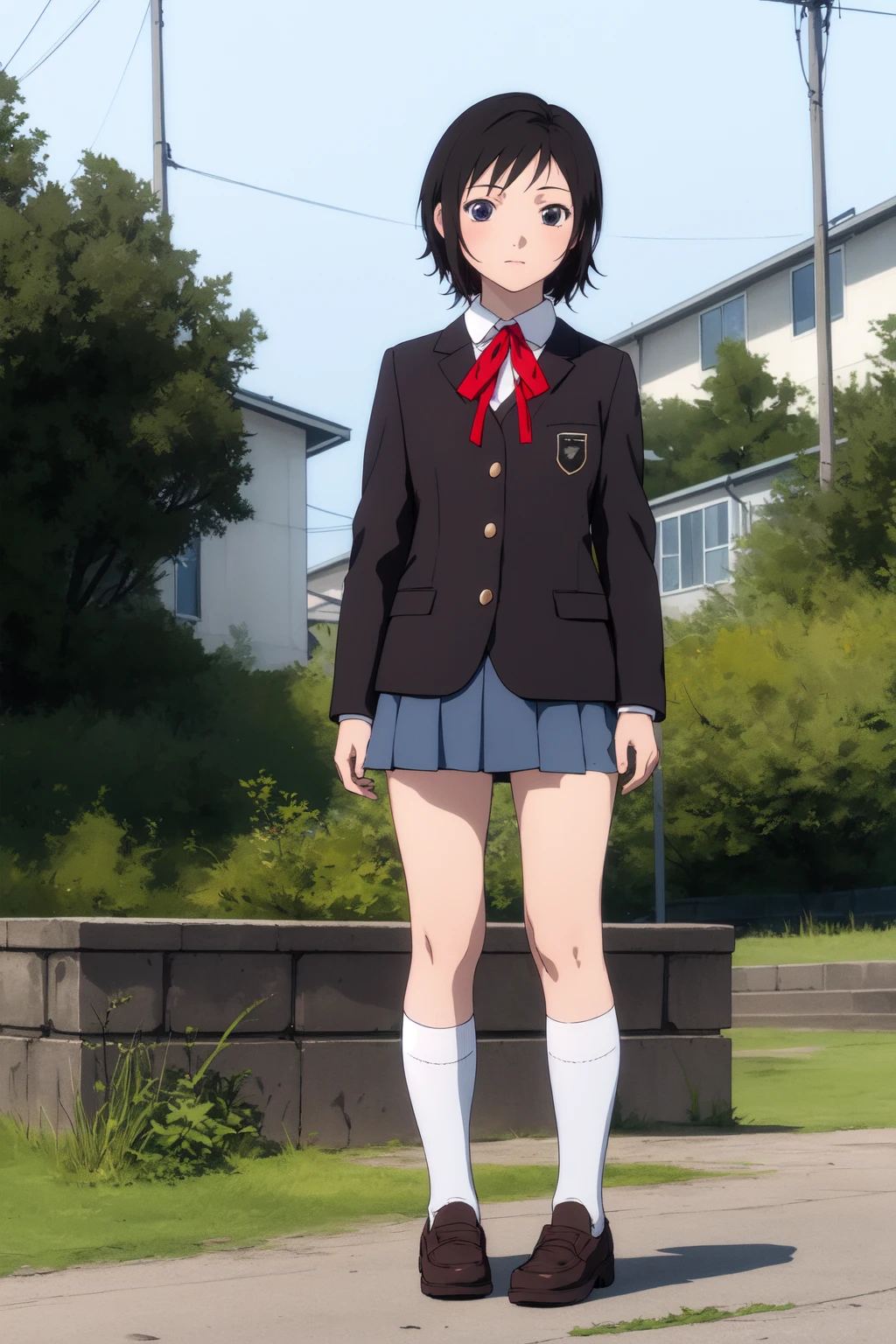 (RAW photo, best quality), 1girl, natural lighting, outdoor, solo, high school girl, full body, long socks, standing,
school uniform, high school girl, JK, jacket, ribbon,
<lora:alice_mizuki_lain_v1_2:1> alice_mizuki