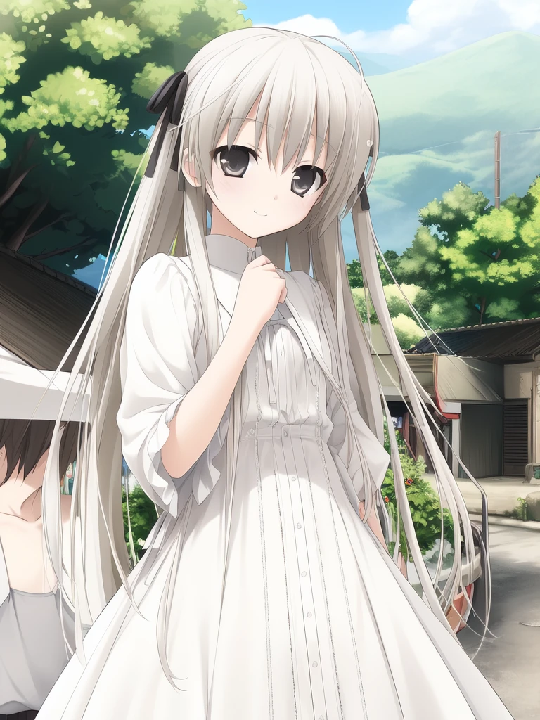 brother and sister, <lora:Kasugano_Sora:0.8> KasuganoSora, 1girl, soro, white hair, gray eyes, long hair, under body, hair ribbon, white dress, cowboy Shot,smile,
masterpiece, high quality, very_high_resolution, large_filesize, full color,