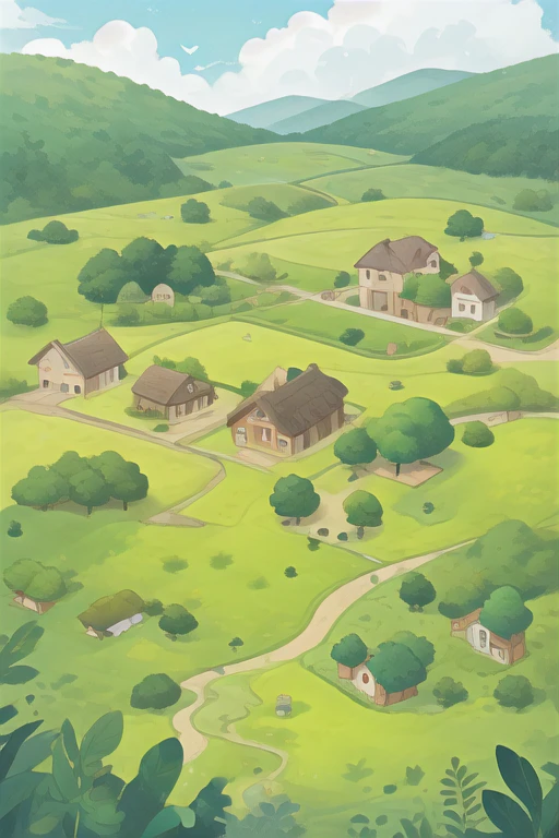 An illustration of a sustainable future village, with green forests and meadows. There is no garbage. The illustration is of a modern and minimalist style, with very vibrant and saturated colors, masterpiece, best quality,