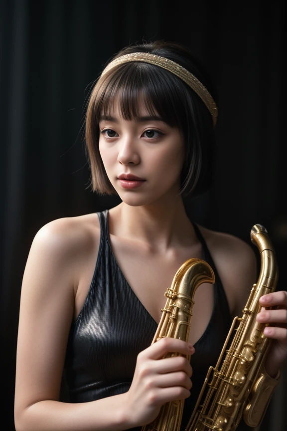 7. A female jazz musician (ethnicity: Mixed race, age: mid-30s) in a smoky, vintage jazz club (setting: 1920s, atmospheric). She's wearing a glamorous, fringe flapper dress (fabric: shimmering silk) with a feathered headband. Her hairstyle is a stylish bob, and her makeup is bold and dramatic. She's passionately playing the saxophone (detail: gleaming brass), lost in the rhythm and mood of the music, with a backdrop of dim, moody lighting and an engaged audience.