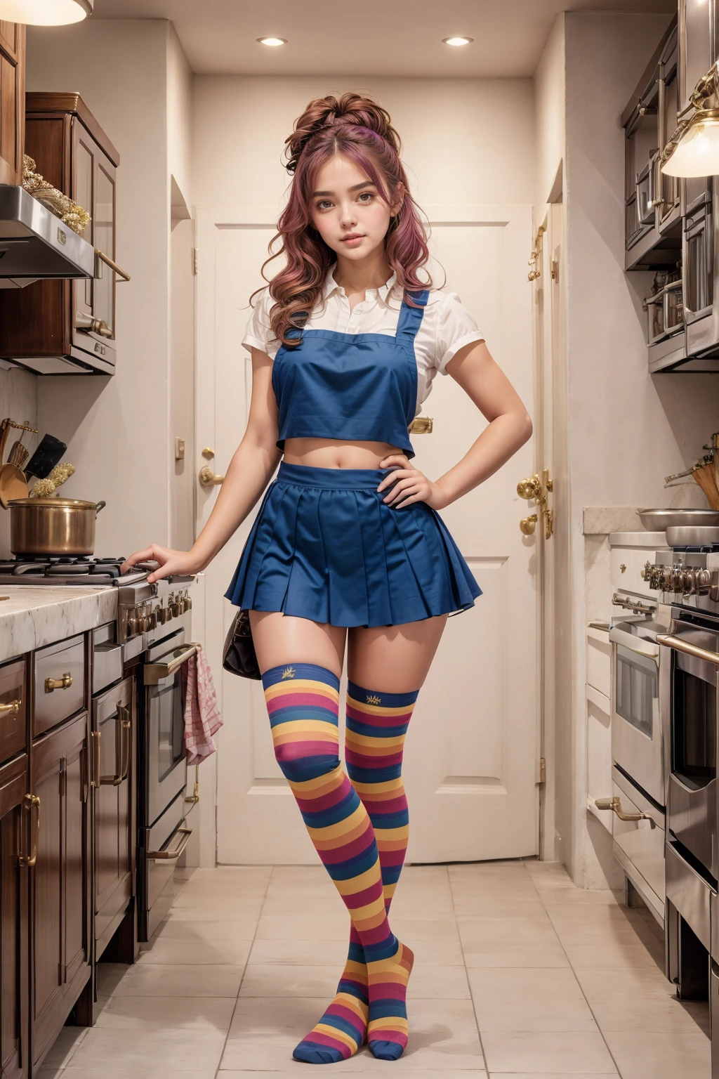 <lora:str1p3s3:0.9>, str1p3s, full body, masterpiece, best quality, 1girl, diverse expressions, various hair colors and styles, 18 years old, mini skirt, crop top, blushing cheeks, different wardrobe accessories like apron or headband, indoor kitchen scene, haughty expression, playful expression, surprised expression, elegant pose, detailed clothing, fantasy art, stylish kitchen attire, opulent atmosphere