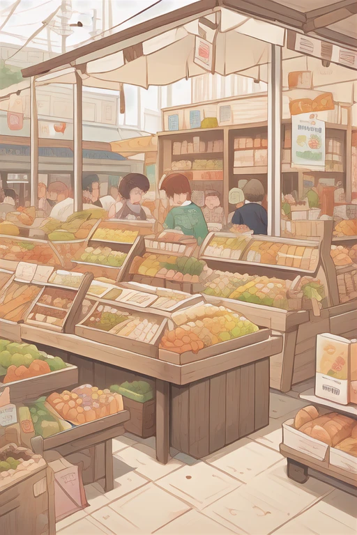 A food market with many products,people queuing up for food to come out,hand drawn style,children's illustrations,flat illustrations, masterpiece, best quality,