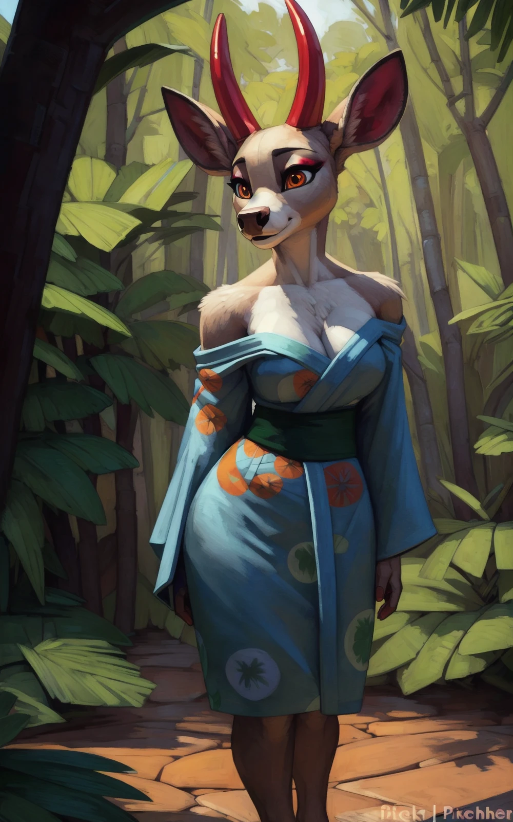 8k,4k,((Best quality, masterpiece, ultra high resolution)),((full body, by pixelsketcher)), <lora:ShinoV2:0.8>,ShinoV2,furry,furry female, breasts, tail, kimono, horns,body fur,red horns,animal ears, sash,deer,deer ears,orange eyes, (hooves),makeup,eyeshadow, kimono with pattern,white fur ,green kimono,(bare shoulders),outside,cleavage,slim,skinny,standing,long shot,breast