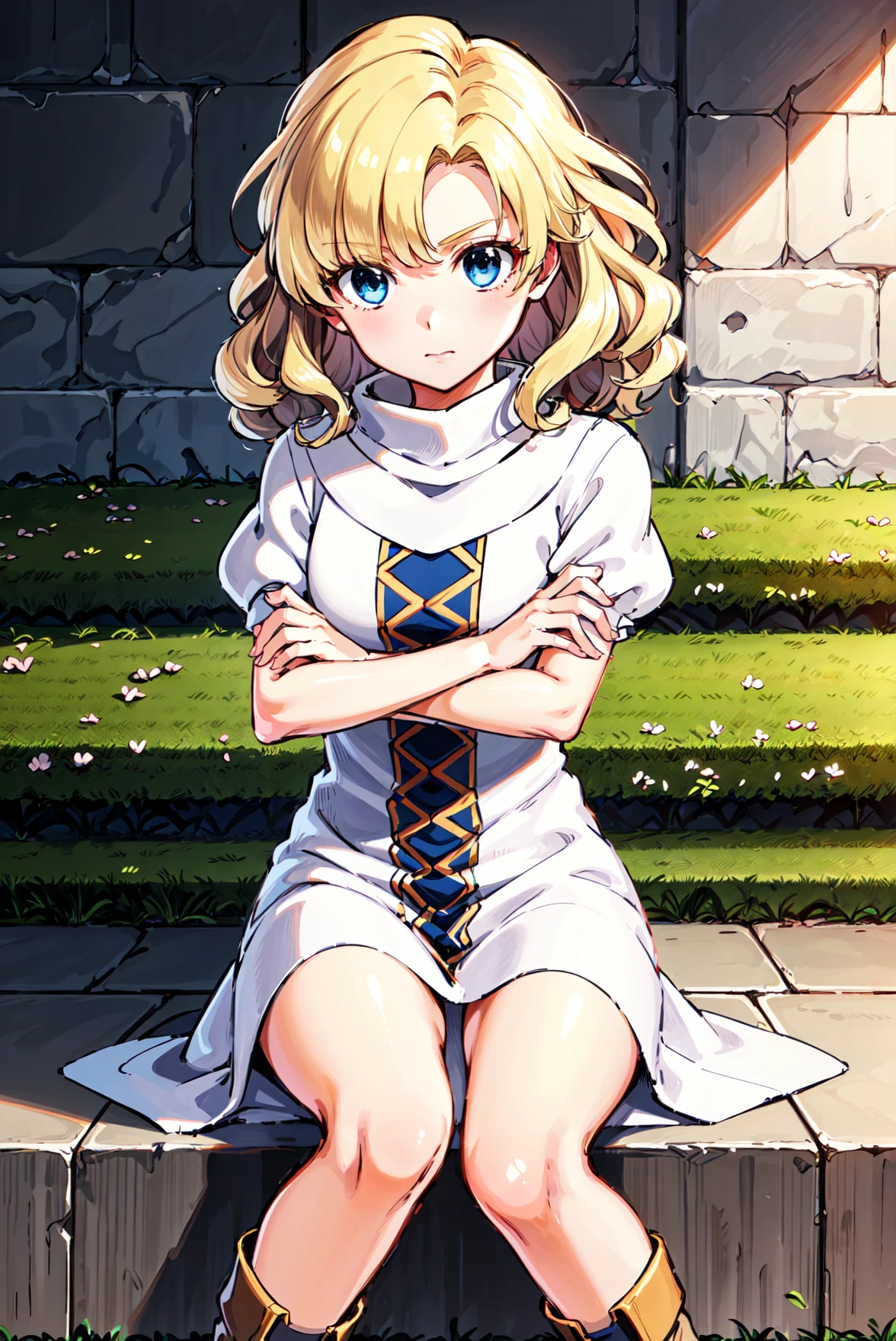 crossed arms,panty shot,blank eyes,<lora:yuliyaV2:0.9>, yuliya, wavy hair,curly hair,boots,  dress, short sleeves,turtleneck,white robe,outdoors,(masterpiece, best quality, ultra-detailed, best shadow)