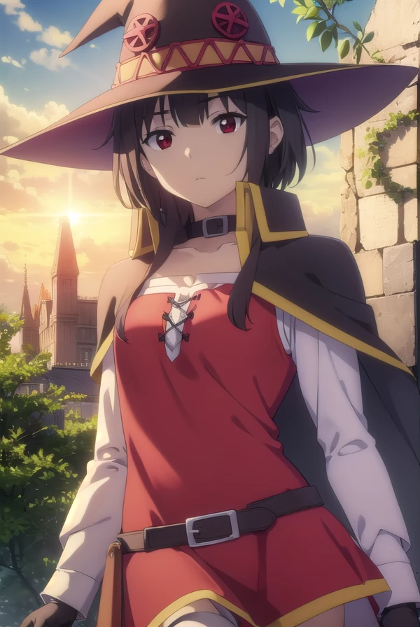 konosubamegumin, <lora:konosuba megumin movie-lora-nochekaiser:1>,
megumin, short hair, black hair, (red eyes:1.3), short hair with long locks,
BREAK thighhighs, gloves, hat, dress, black gloves, belt, black thighhighs, fingerless gloves, cape, collar, witch hat, bandages, red dress, single thighhigh, asymmetrical legwear, bandaged leg,
BREAK outdoor, forest, nature, trees, village, sky, sun, clouds,
BREAK looking at viewer, (cowboy shot:1.5),
BREAK <lyco:GoodHands-beta2:1>, (masterpiece:1.2), best quality, high resolution, unity 8k wallpaper, (illustration:0.8), (beautiful detailed eyes:1.6), extremely detailed face, perfect lighting, extremely detailed CG, (perfect hands, perfect anatomy),