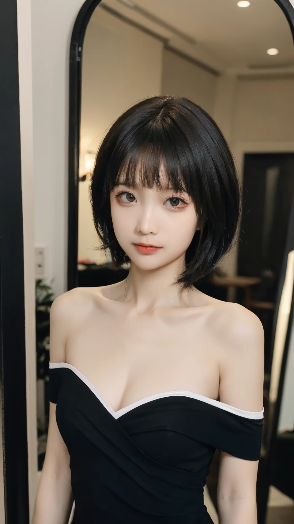 best quality,HDR,UHD,8K,Vivid Colors,solo,front mirror,photo_,(medium),cute & girly,(1girl:1.3),(standing:1.3),simple background,(evening:1.2),(looking at viewer:1.4),Elegant,Angelic,detailed gorgeous face,<lora:momo:0.5>,<lora:rc52:0.75>,rc,black dress,off shoulder,upper body,(short hair:1.4),