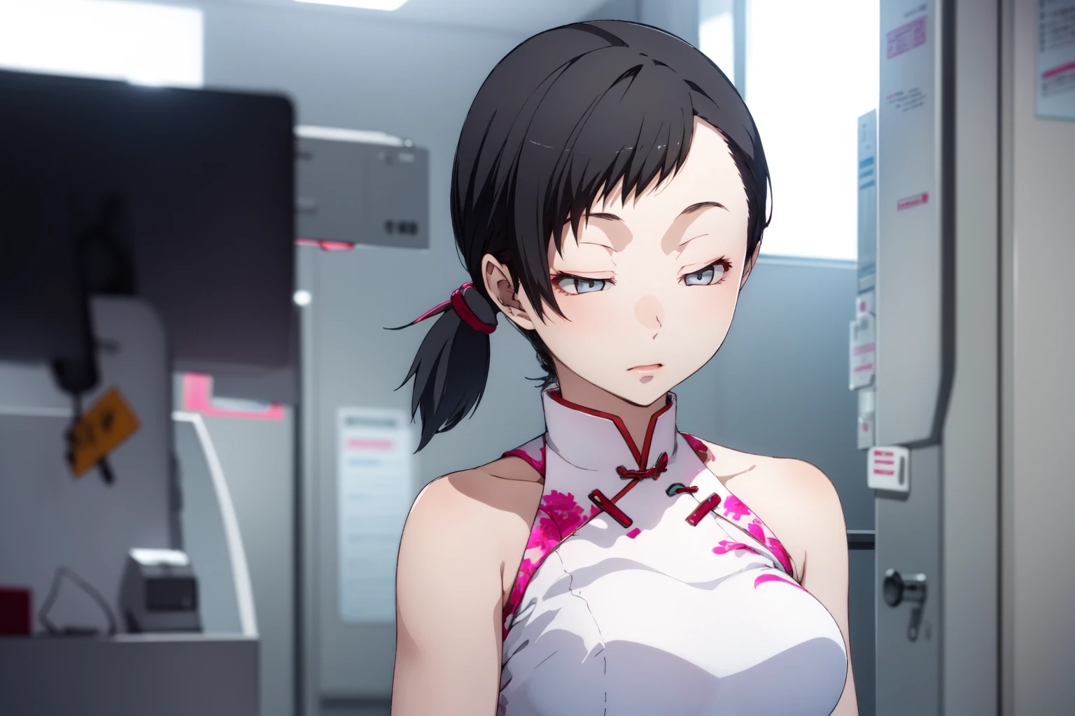 (RAW photo, best quality), 1girl, natural lighting, solo, modern hospital,
<lora:smt_devil_survivors_2_fumi_kanno_v1_2-000003:1>, fumi kanno, chinese dress, upper body,