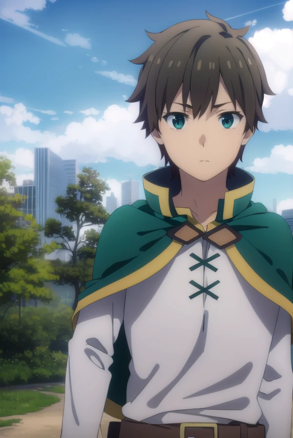 kazumasatou, <lora:kazuma satou movie-lora-nochekaiser:1>,
kazuma satou, short hair, brown hair, (green eyes:1.3), male focus,
BREAK shirt, long sleeves, white shirt, belt, pants, capelet, brown belt,
BREAK outdoor, forest, nature, trees, village, sky, sun, clouds,
BREAK looking at viewer, (cowboy shot:1.5),
BREAK <lyco:GoodHands-beta2:1>, (masterpiece:1.2), best quality, high resolution, unity 8k wallpaper, (illustration:0.8), (beautiful detailed eyes:1.6), extremely detailed face, perfect lighting, extremely detailed CG, (perfect hands, perfect anatomy),