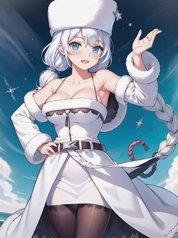 <lora:Avrora_v2:1>def, microdress, white dress, sleeveless, armguards, belt, black pantyhose, ushanka, knee boots
