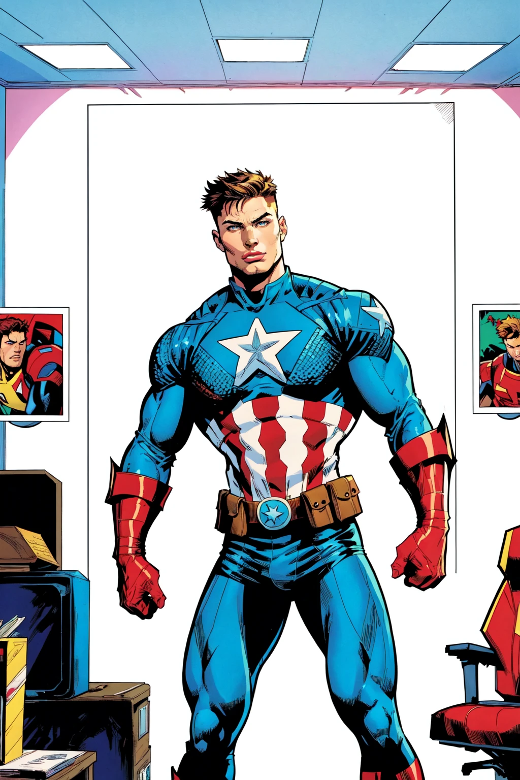 (masterpiece, best quality, ultra-detailed, highres, best illustration), ((1boy, male focus)), Captain America, Jensen Ackles, Supernatural, Dean Winchester, Avengers, America's Ass, sheild, FBI headquarters, indoors, Rob Liefield styled 1990s rock star comic book art, sexy, ripped clothes, yaoi , ink hatching, art by jim lee and joemad, detailed background, comic book style, inked lines, ultra sharp, extremely detailed